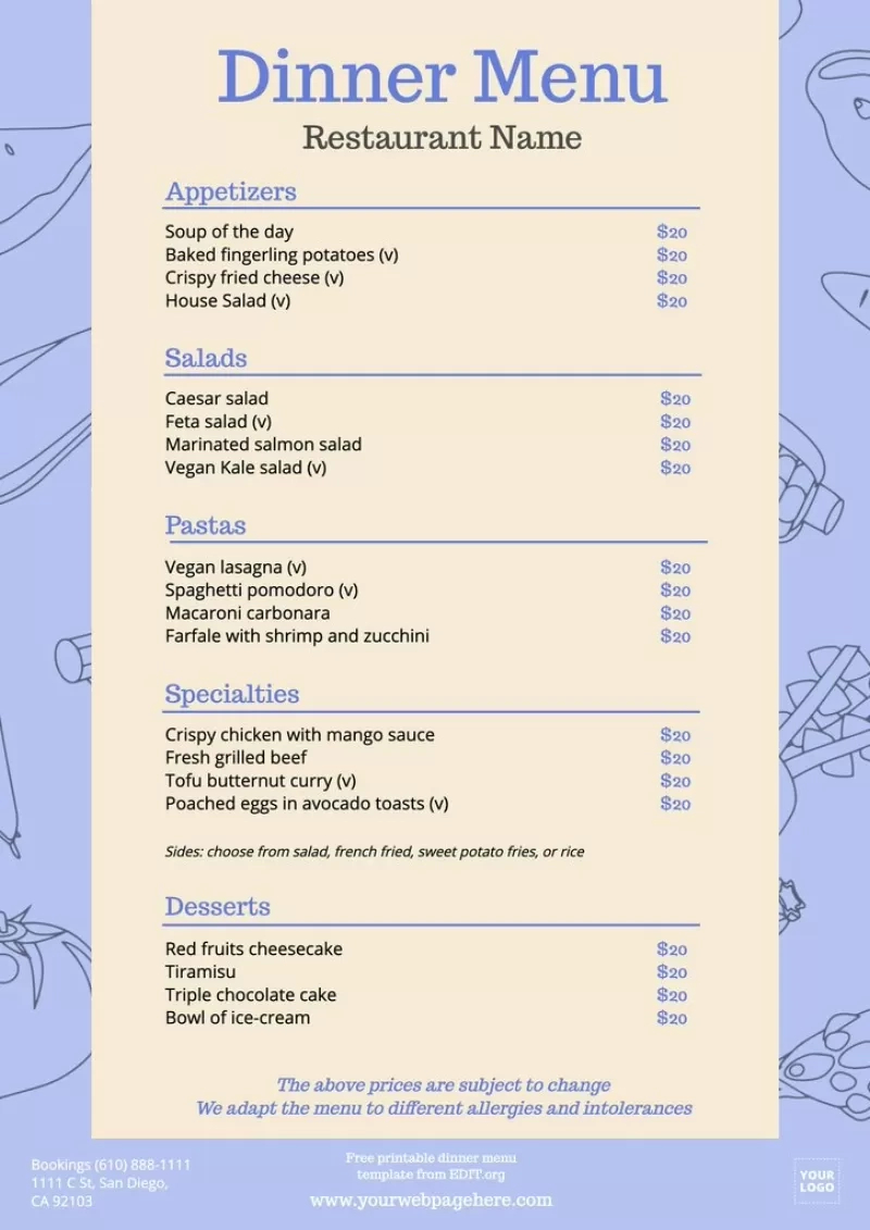 Free Printable Dinner Menu Templates with Design A Menu For Free Printable