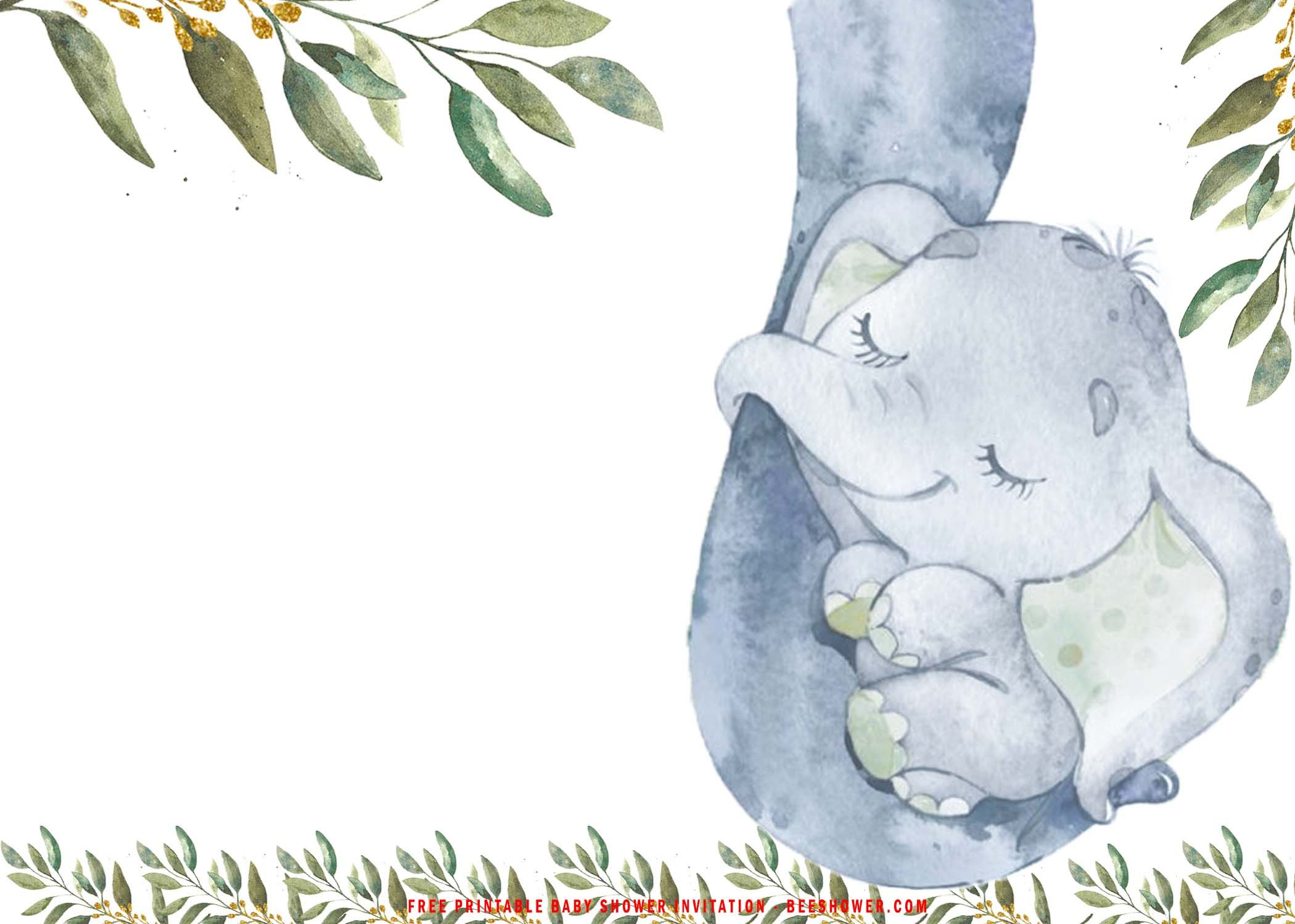 Free Printable) - Greenery Gold Baby Elephant Invitation Templates inside Free Printable Elephant Baby Shower