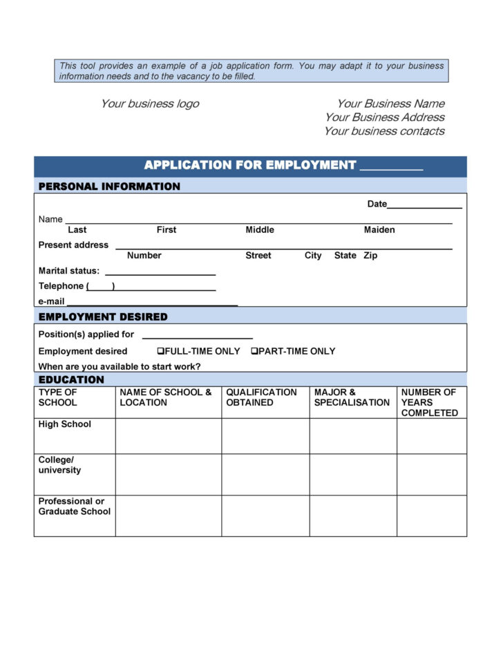 Application For Employment Form Free Printable