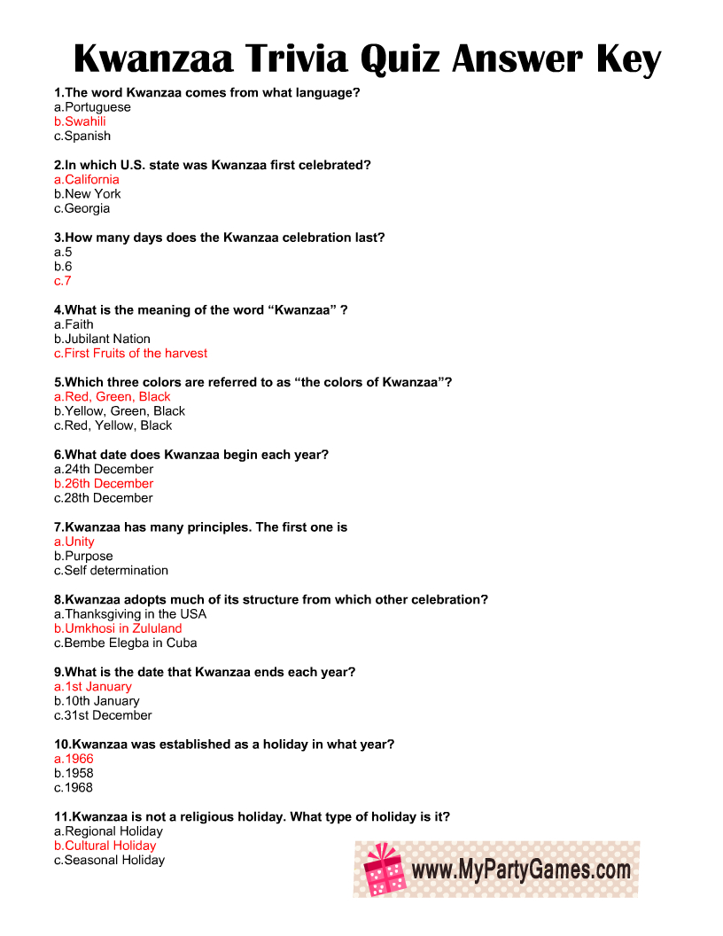 Free Printable Kwanzaa Trivia Quiz With Answer Key intended for Kwanzaa Trivia Free Printable