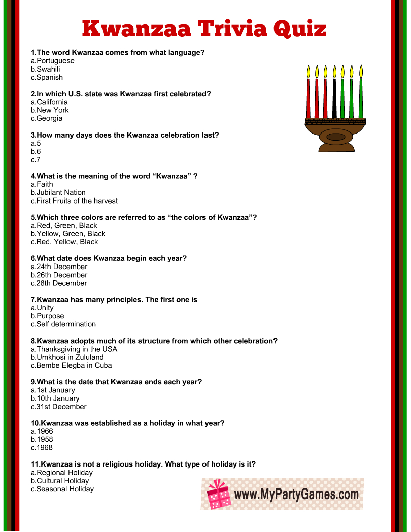 Free Printable Kwanzaa Trivia Quiz With Answer Key with Kwanzaa Trivia Free Printable