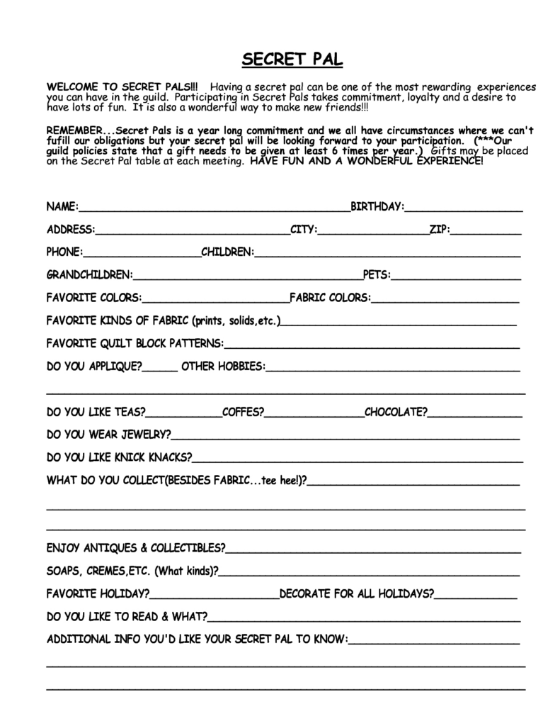 Free Printable Secret Sister Questionnaire   Printable Party Favors For Free Printable Secret Pal Forms