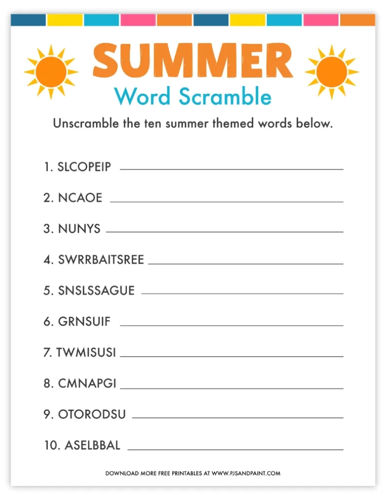 Free Printable Summer Word Scramble Pjs And Paint Throughout Unscramble Word Games Printable Free Free Printable Summer Word Scramble Pjs And Paint Throughout Unscramble Word Games Printable Free