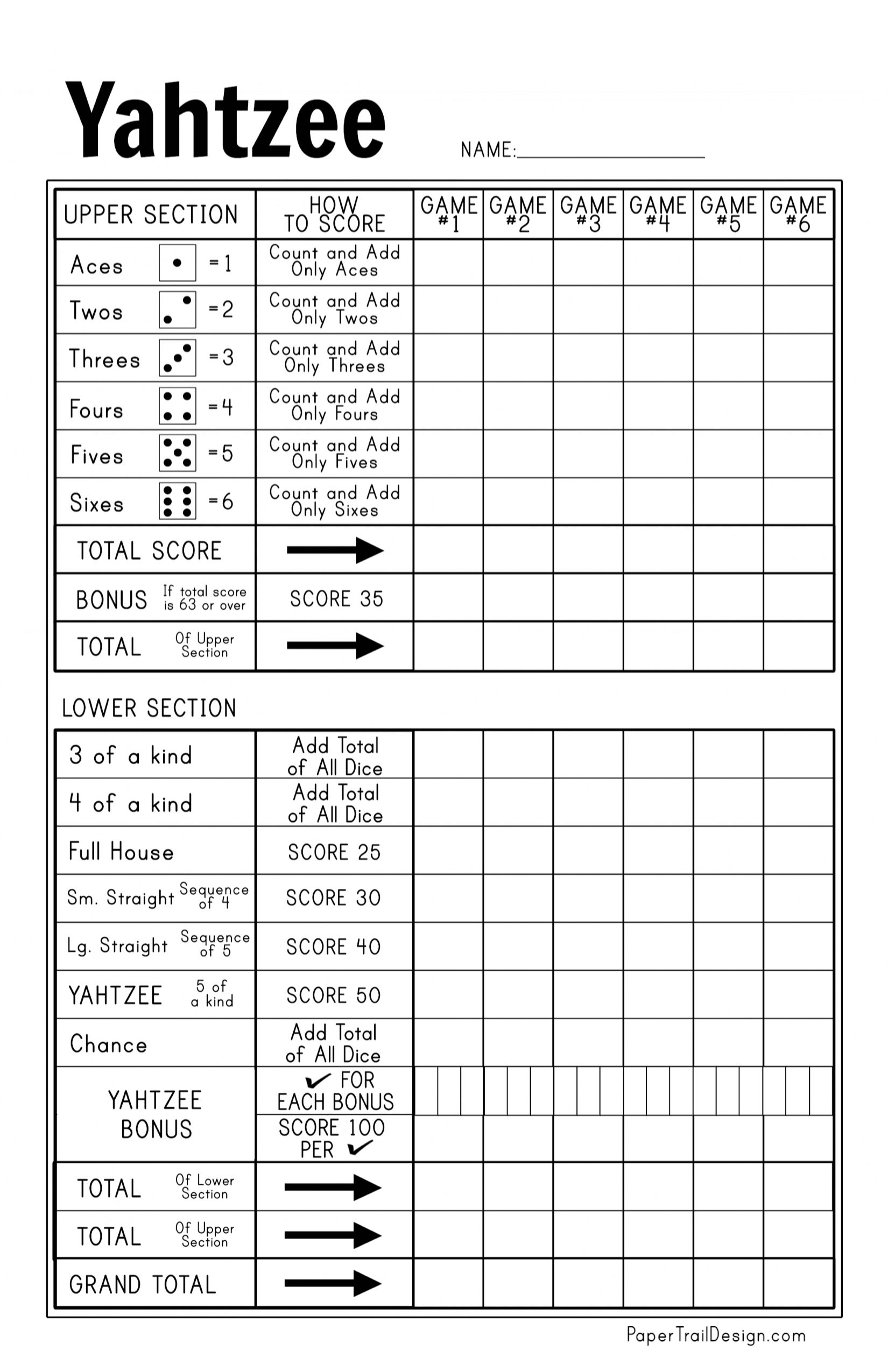 Free Printable Yahtzee Score Card - Paper Trail Design with Free Printable Yahtzee Score Sheets