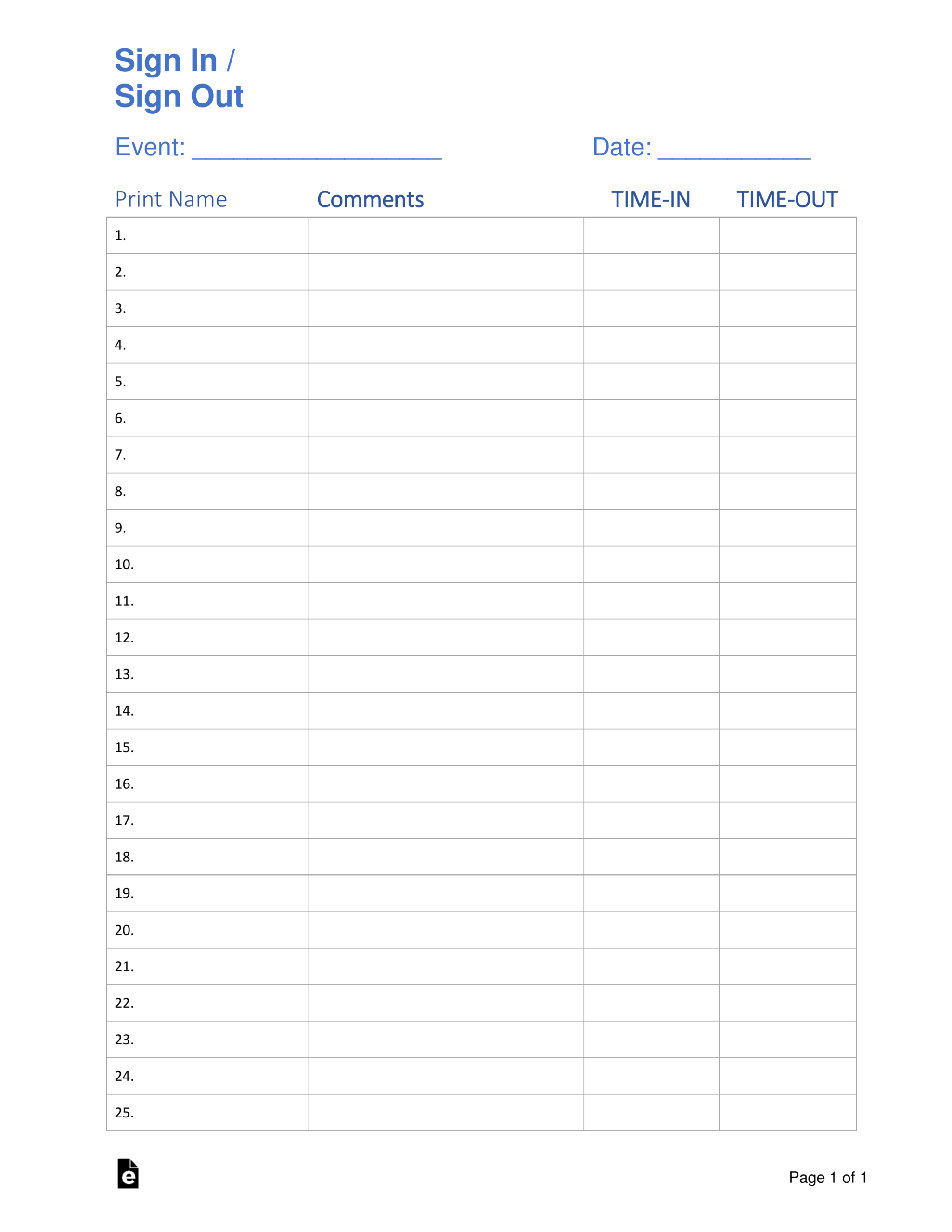 Free Sign In / Sign Up Sheet Templates - Pdf | Word – Eforms intended for Free Printable Sign in Sheet