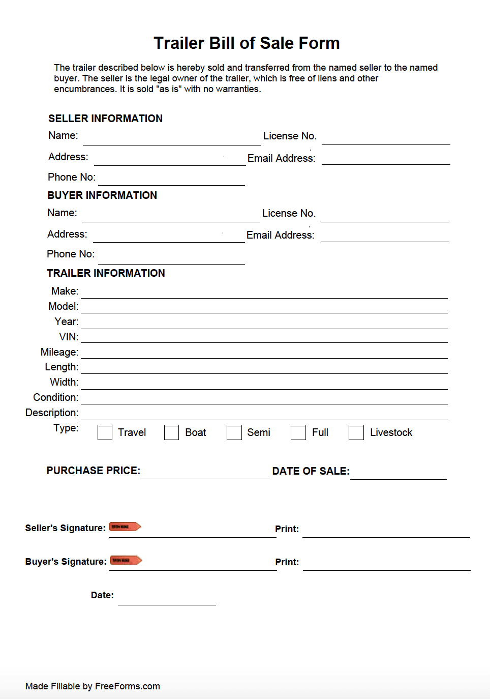 Free Trailer Bill Of Sale Form | Pdf with Free Printable Bill Of Sale For Trailer