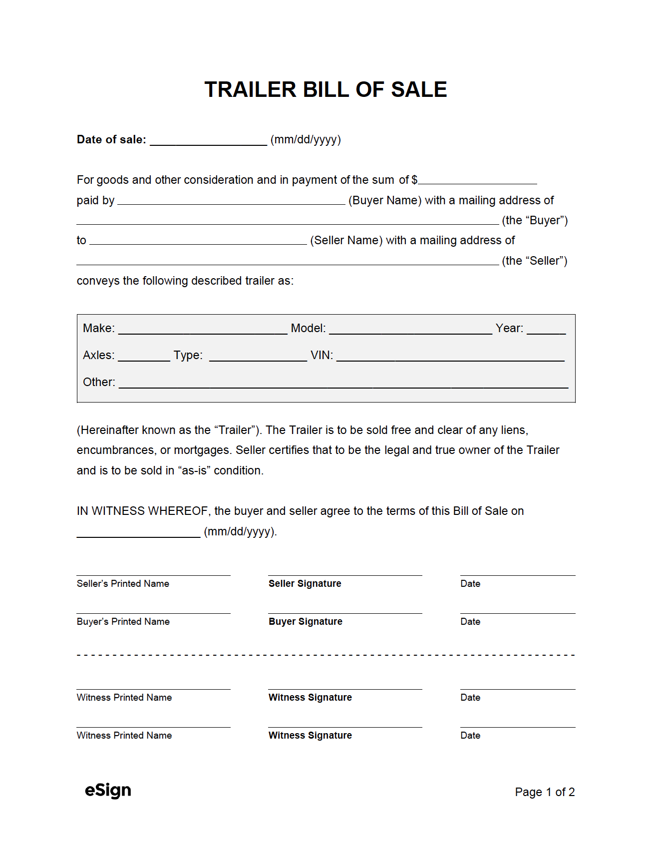 Free Trailer Bill Of Sale Form | Pdf | Word for Free Printable Bill of Sale For Trailer