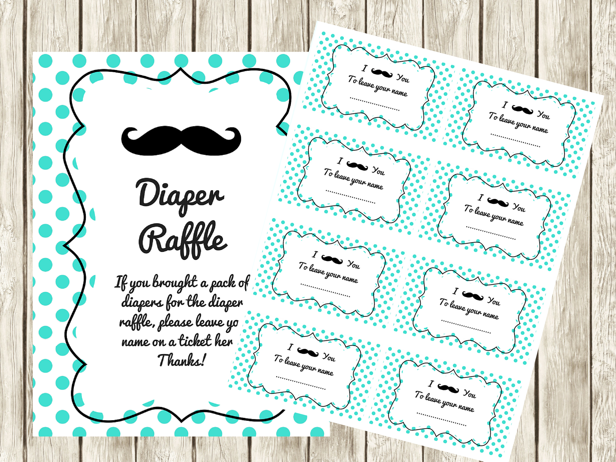 Free Turquoise Mustache Baby Shower Diaper Raffle Ticket Cards And inside Free Printable Baby Shower Diaper Raffle Tickets