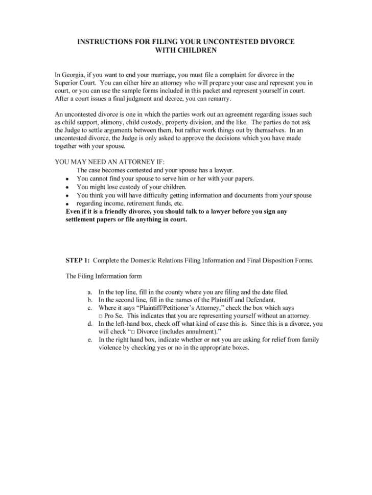 Free Printable Uncontested Divorce Forms Georgia