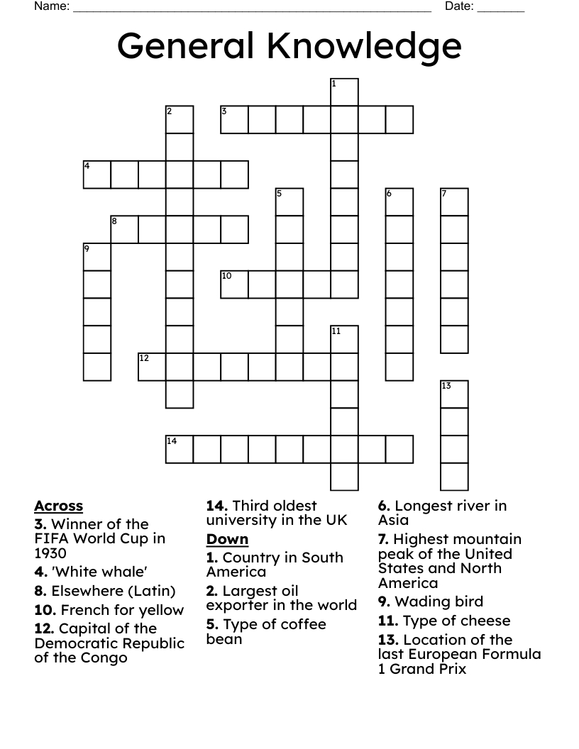 General Knowledge Crossword - Wordmint in Free Printable General Knowledge Crossword Puzzles