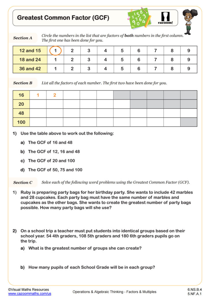 Free Printable Greatest Common Factor Worksheets