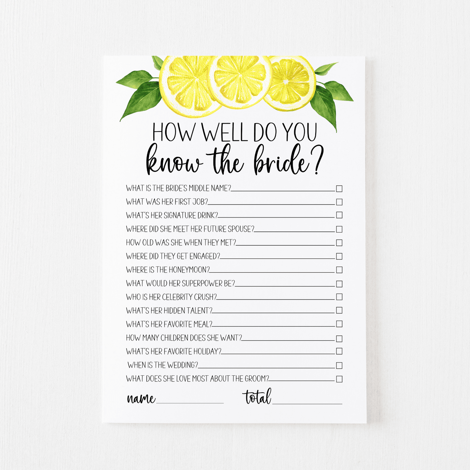 How Well Do You Know The Bride Cards (Lemon) - Modern Moh for How Well Do You Know The Bride Free Printable