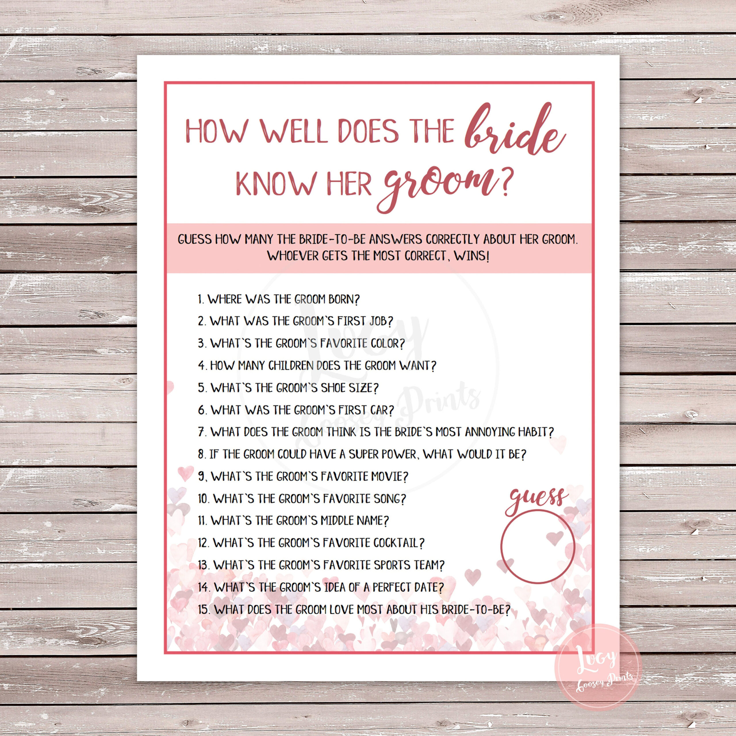 How Well Does The Bride Know The Groom? - Instant Download pertaining to How Well Does the Bride Know the Groom Free Printable