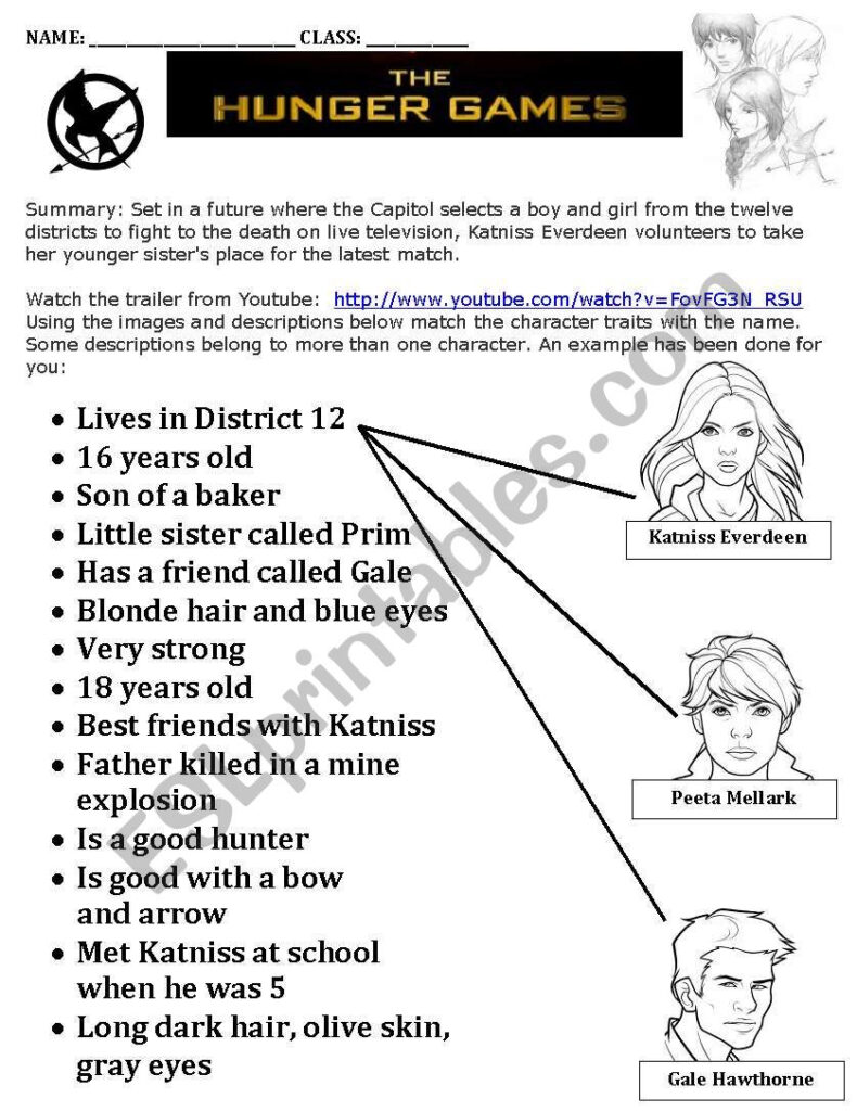 Hunger Games Matching Task   Esl Worksheetjackiecr Intended For Hunger Games Free Printable Worksheets