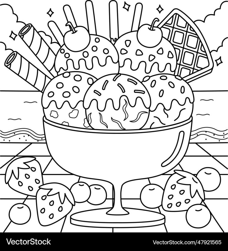Ice Cream On The Beach Summer Coloring Page Vector Image Throughout Ice Cream Color Pages Printable Free