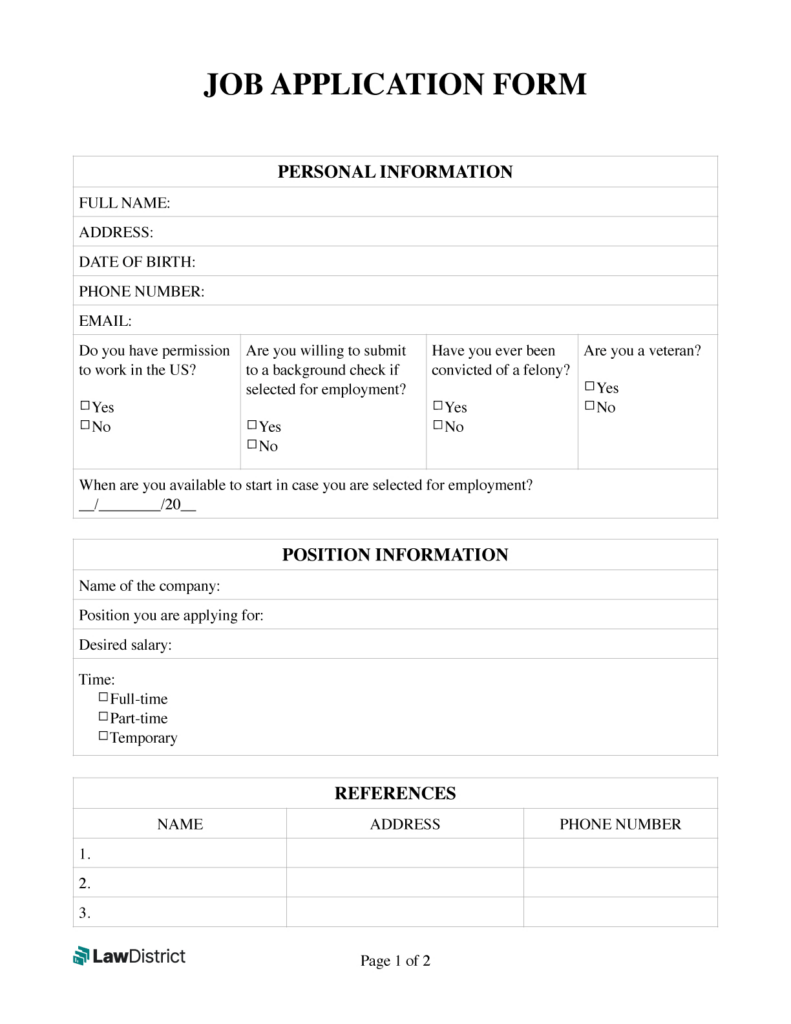 Job Application Form | Free Simple Pdf Template | Lawdistrict Within Free Printable General Application For Employment Job Application Form | Free Simple Pdf Template | Lawdistrict Within Free Printable General Application For Employment
