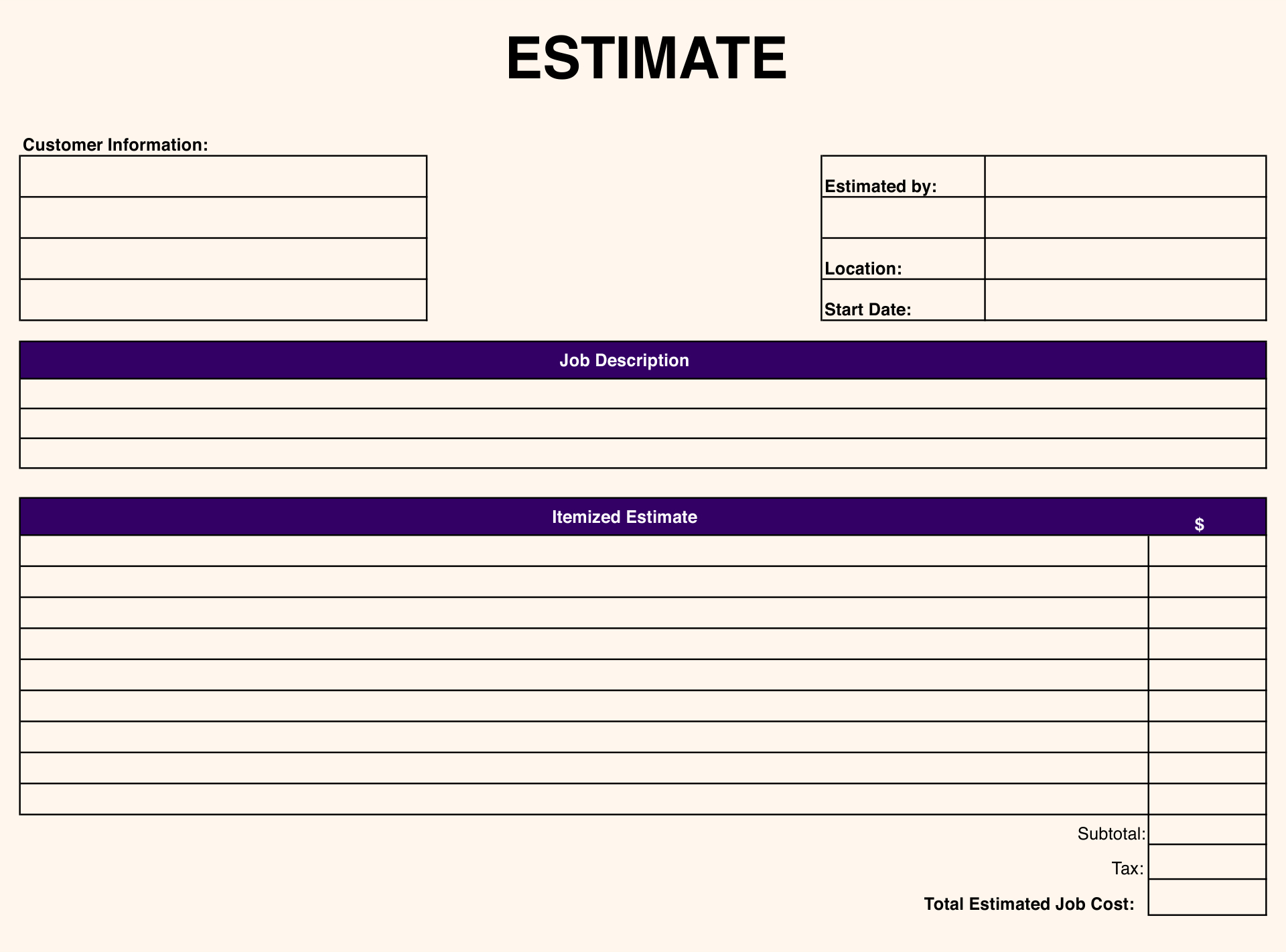 Job Estimate Blank Free Printable Estimate Forms - Printable Party within Free Printable Job Quote Forms