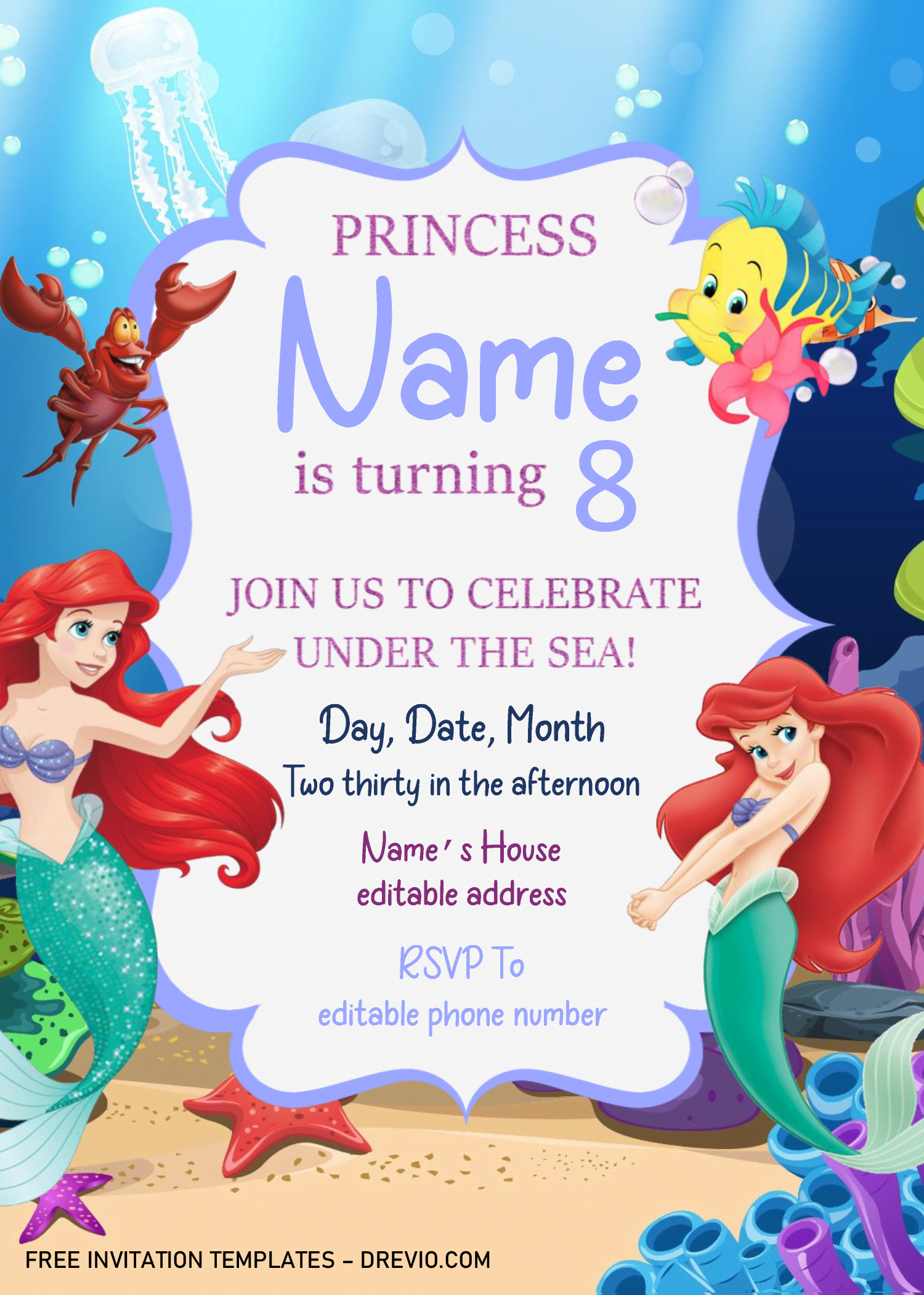 Little Mermaid Birthday Invitation Templates - Editable .Docx in Mermaid Birthday Invitations Free Printable