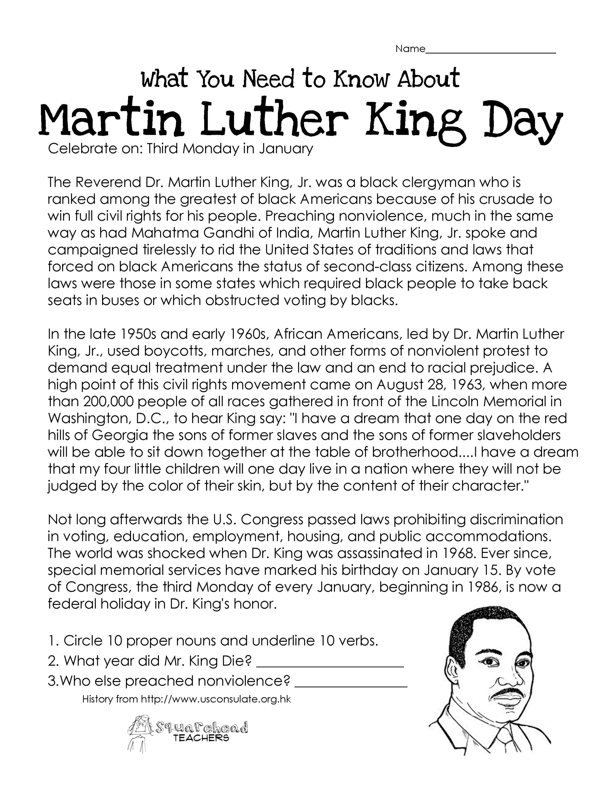 Martin Luther King Day (Free Worksheet) | Squarehead Teachers throughout Free Printable Martin Luther King Jr Worksheets