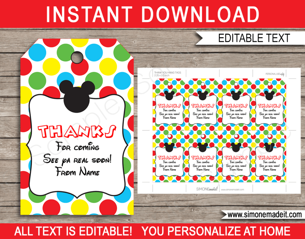 Mickey Mouse Party Printables, Invitations & Decorations Inside Free Printable Mickey Mouse Favor Tags