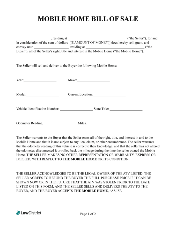 Free Printable Mobile Home Bill of Sale