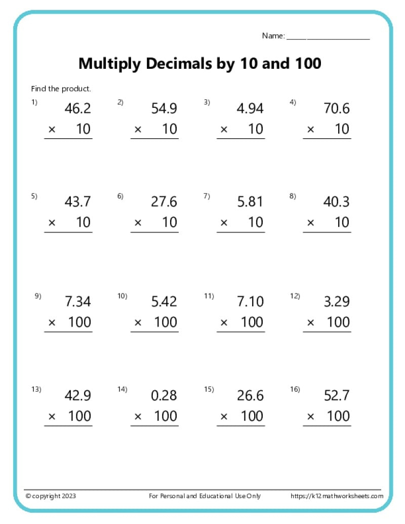 Multiplying Decimals Worksheets pertaining to Multiplying Decimals Free Printable Worksheets