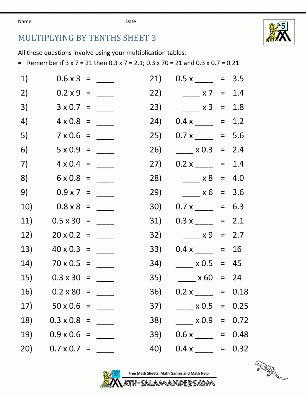 Multiplying Decimalswhole Numbers pertaining to Free Printable Multiplying Decimals Worksheets