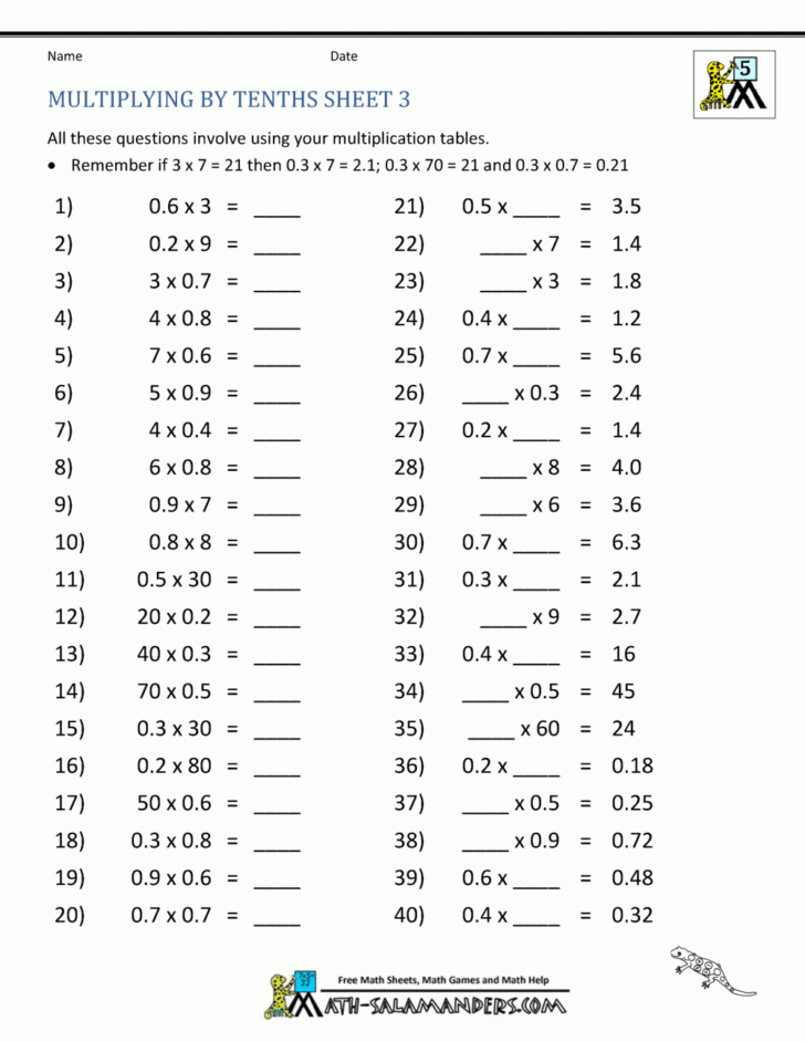 Multiplying Decimals Free Printable Worksheets