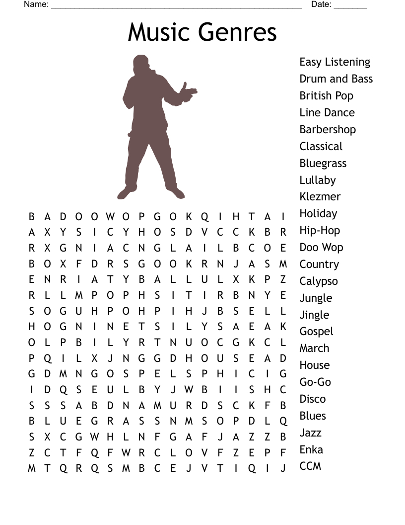 Music Genres Word Search - Wordmint for Free Printable Music Word Searches