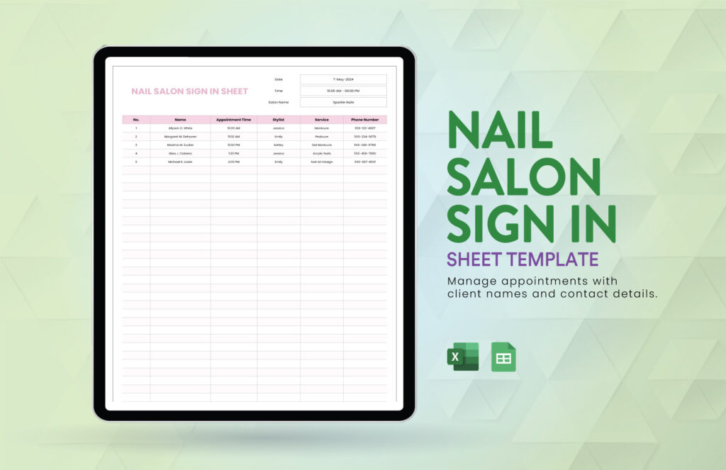 Nail Salon Sign In Sheet Template In Excel, Google Sheets Within Free Printable Salon Sign In Sheets Nail Salon Sign In Sheet Template In Excel, Google Sheets Within Free Printable Salon Sign In Sheets