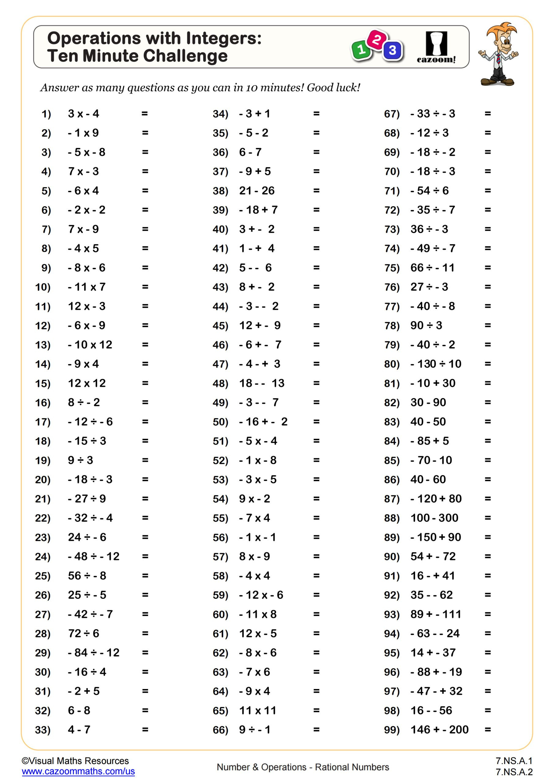 Operations With Integers Ten Minute Challenge Worksheet | Pdf intended for Free Printable Integer Worksheets Grade 7