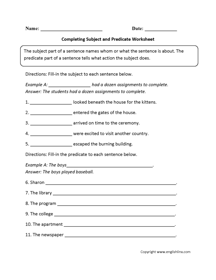 Free Printable Subject Predicate Worksheets 2nd Grade