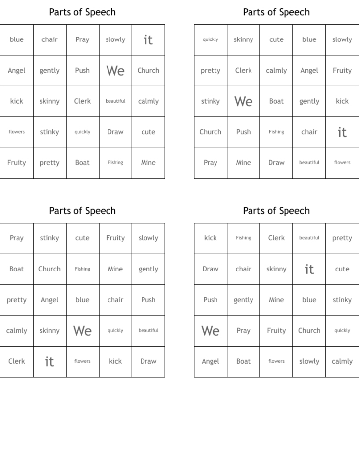 Free Printable Parts of Speech Bingo