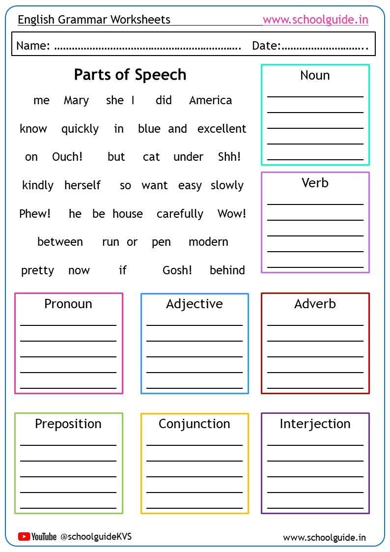 Parts Of Speech Worksheets for Free Printable Parts of Speech Worksheets
