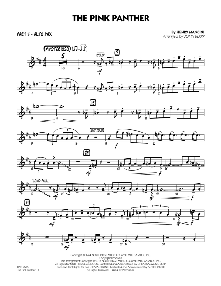 Free Printable Alto Saxophone Sheet Music Pink Panther