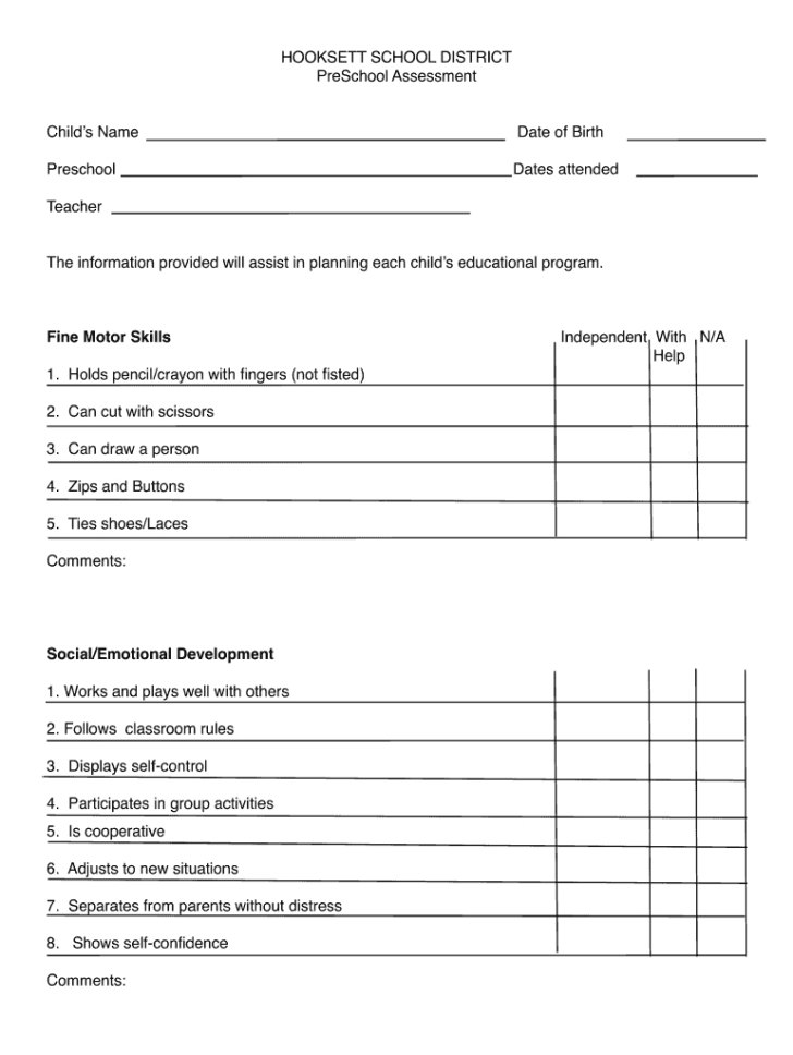 Preschool Assessment Forms Free Printable