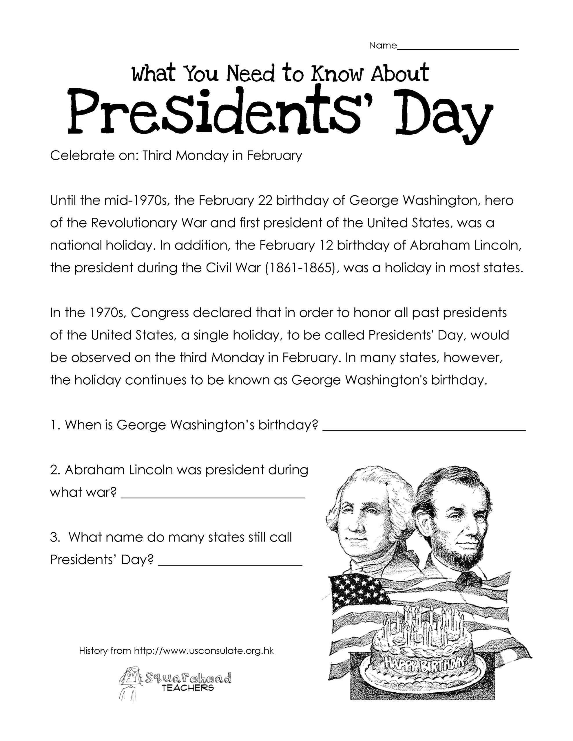 Presidents' Day (Free Worksheet) Updated | Squarehead Teachers for Free Printable Presidents Day Worksheets