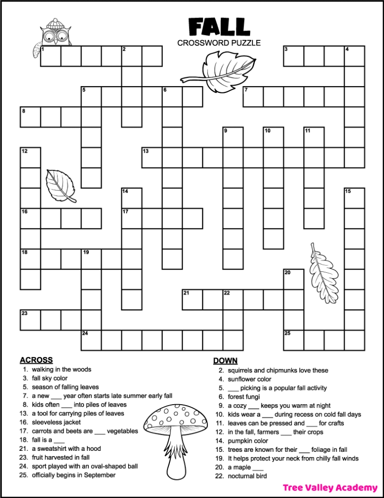Printable 4Th Grade Fall Crossword Puzzle - Tree Valley Academy intended for Free Printable Themed Crossword Puzzles
