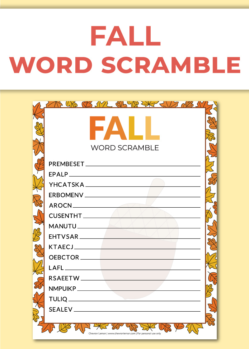Printable Fall Word Scramble - Chevron Lemon with Unscramble Word Games Printable Free