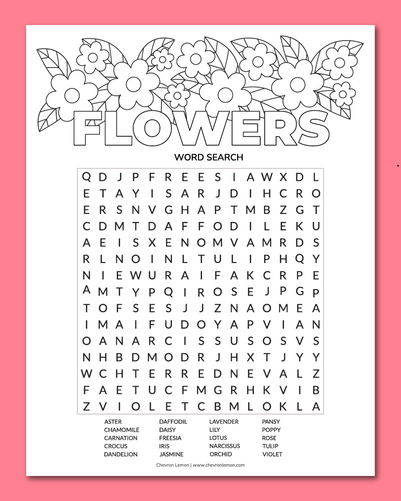 Printable Flower Word Search - Chevron Lemon throughout Free Printable Word Searches