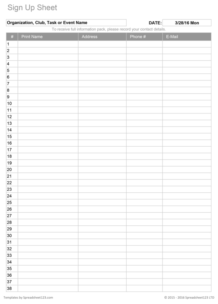 Printable Sign Up Worksheets And Forms For Excel, Word And Pdf Within Free Printable Sign Up Sheet Printable Sign Up Worksheets And Forms For Excel, Word And Pdf Within Free Printable Sign Up Sheet