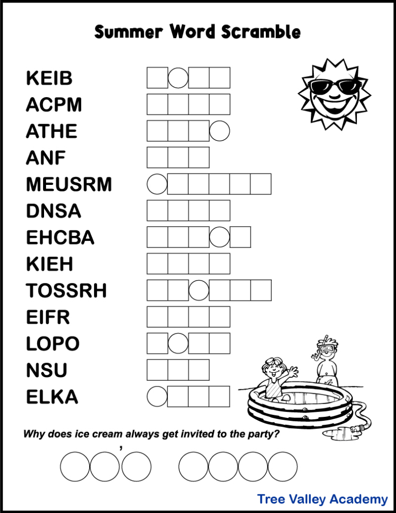 Printable Summer Word Scrambles For Kids Tree Valley Academy Within Unscramble Word Games Printable Free Printable Summer Word Scrambles For Kids Tree Valley Academy Within Unscramble Word Games Printable Free