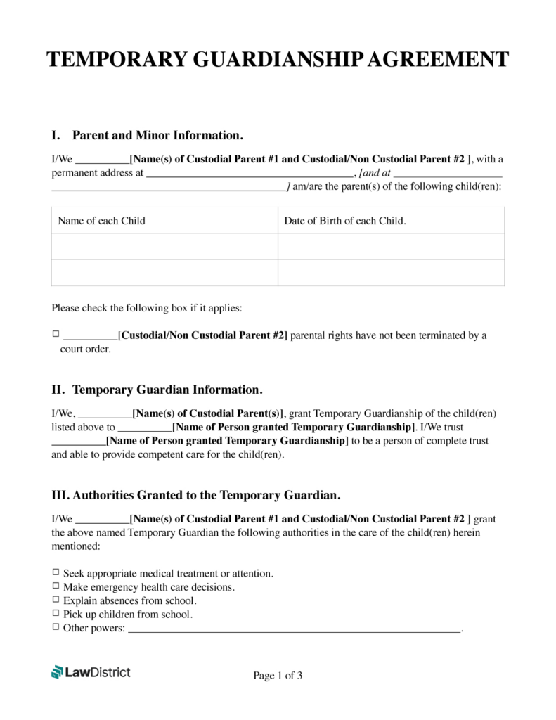 Printable Temporary Guardianship Form | Free Pdf & Word | Lawdistrict Pertaining To Free Printable Temporary Guardianship Form
