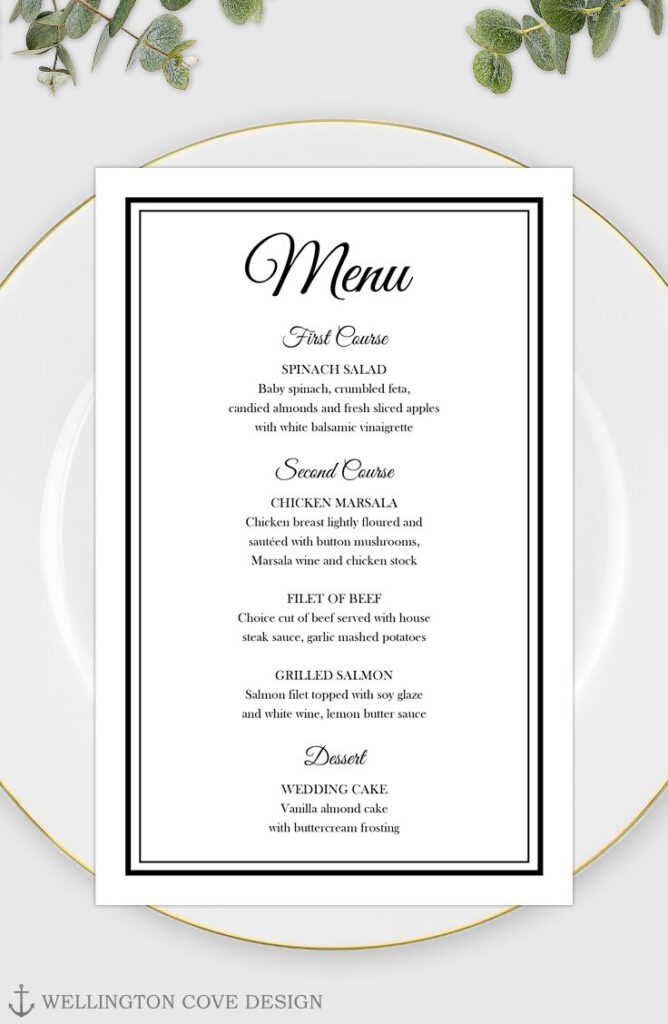 Printable Wedding Menu Template For Microsoft Word • Elegant Black Pertaining To Menu Template Free Printable Word Printable Wedding Menu Template For Microsoft Word • Elegant Black Pertaining To Menu Template Free Printable Word