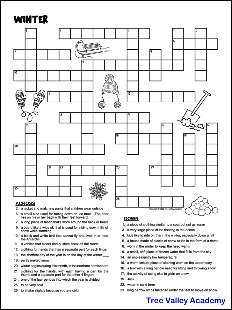 Printable Winter Crossword Puzzles For Kids - Tree Valley Academy throughout Free Printable Crosswords