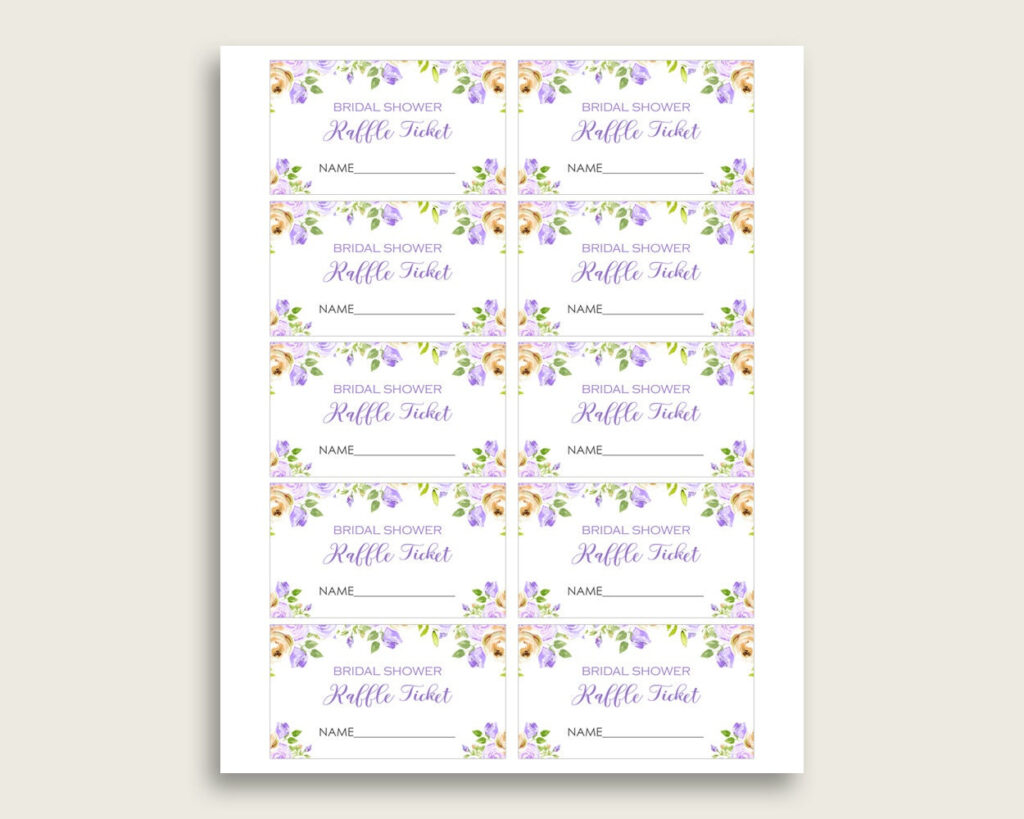 Purple Floral Bridal Shower Raffle Tickets, Purple Yellow Bridal With Regard To Free Printable Bridal Shower Raffle Tickets