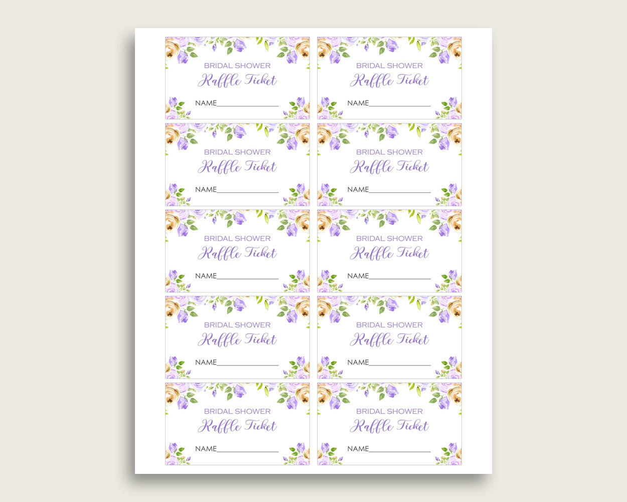 Purple Floral Bridal Shower Raffle Tickets, Purple Yellow Bridal with regard to Free Printable Bridal Shower Raffle Tickets