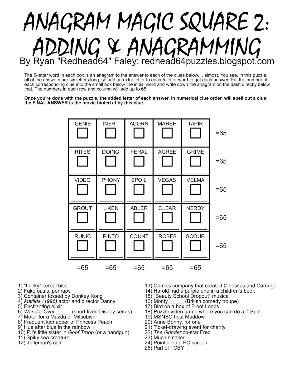 Redhead64'S Obscure Puzzle Blog!: Puzzle #93: Anagram Magic Square inside Free Printable Anagram Magic Square Puzzles
