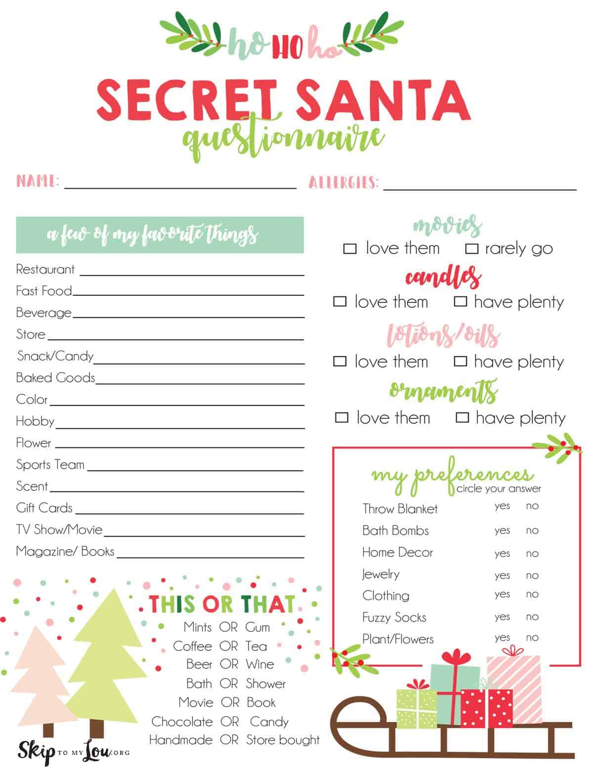 Secret Santa Questionnaire | Skip To My Lou with Free Printable Secret Pal Forms