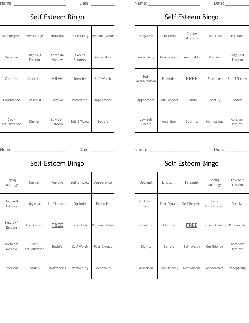 Self Esteem Bingo - Wordmint with Free Printable Self Esteem Bingo